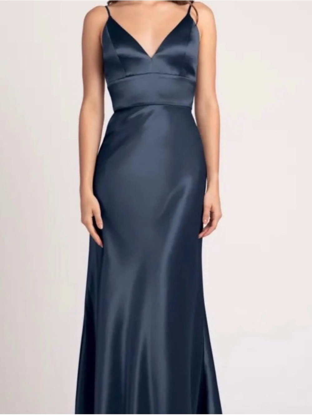 Jenny Yoo Bella Bridesmaids Satin V-Neck Spaghetti Strap Maxi Dress in Navy
